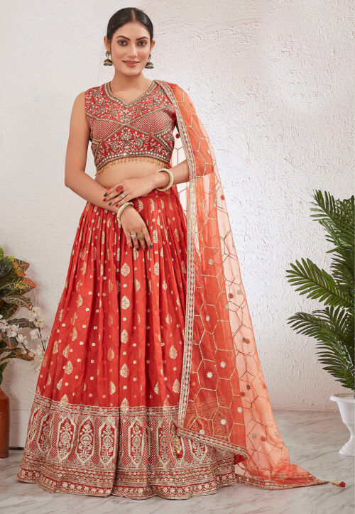 Woven Art Silk Jacquard Lehenga in Orange