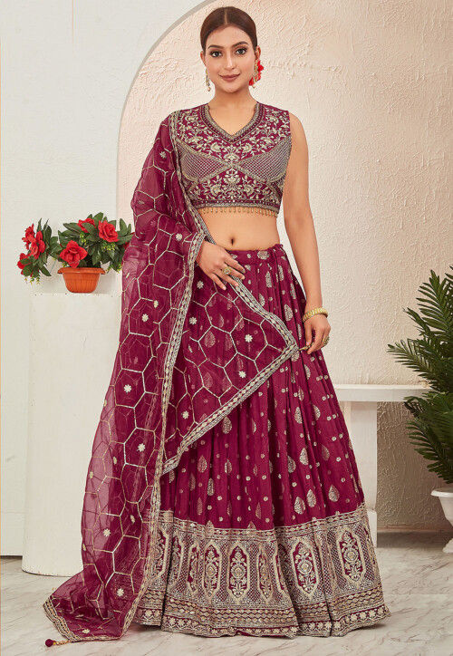 Woven Art Silk Jacquard Lehenga in Pink