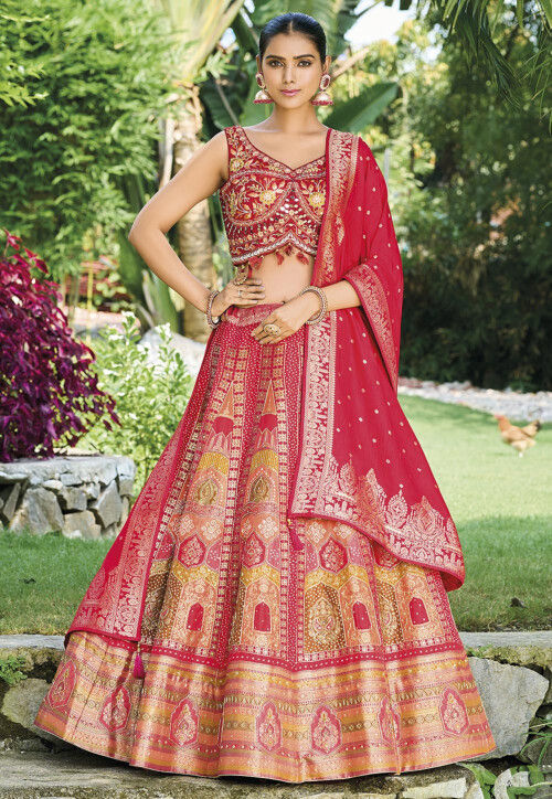 Woven Art Silk Jacquard Lehenga in Red