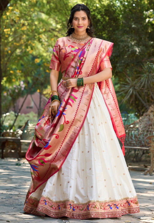 Woven Art Silk Jacquard Lehenga in White