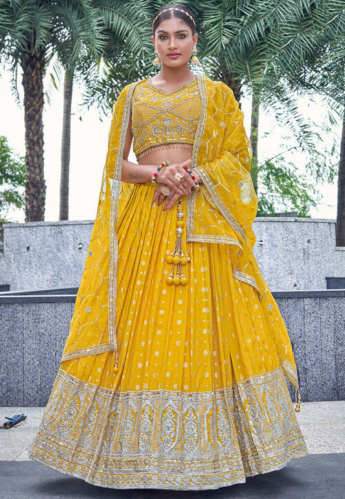 Woven Art Silk Jacquard Lehenga in Yellow