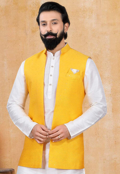 Woven Art Silk Jacquard Long Nehru Jacket in Yellow
