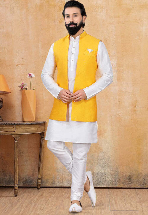 Woven Art Silk Jacquard Long Nehru Jacket in Yellow