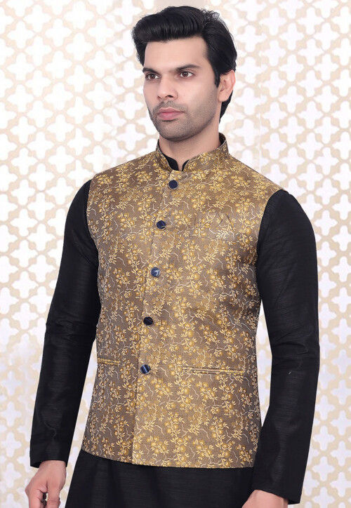 Woven Art Silk Jacquard Nehru Jacket in Beige