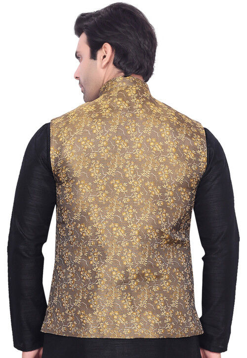 Woven Art Silk Jacquard Nehru Jacket in Beige