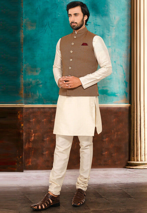 Woven Art SIlk Jacquard Nehru Jacket in Beige