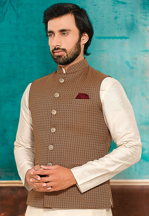 Woven Art SIlk Jacquard Nehru Jacket in Beige