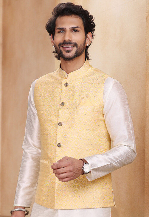 Outstanding Cream Dupion Silk Nehru Jacket Online | Bagtesh Fashion