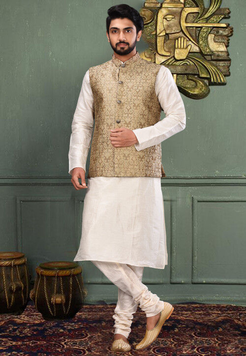 Woven Art Silk Jacquard Nehru Jacket in Beige