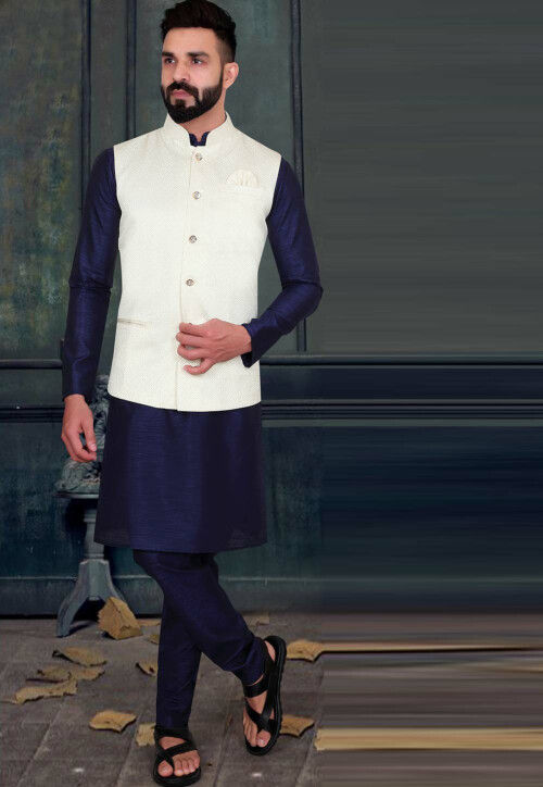 Woven Art Silk Jacquard Nehru Jacket in Cream