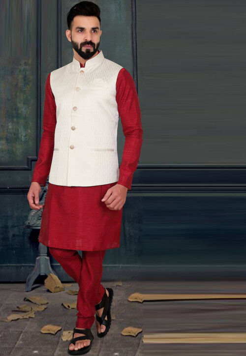 Buy Manyavar Mens Art Silk Printed Nehru Jacket (Red) online