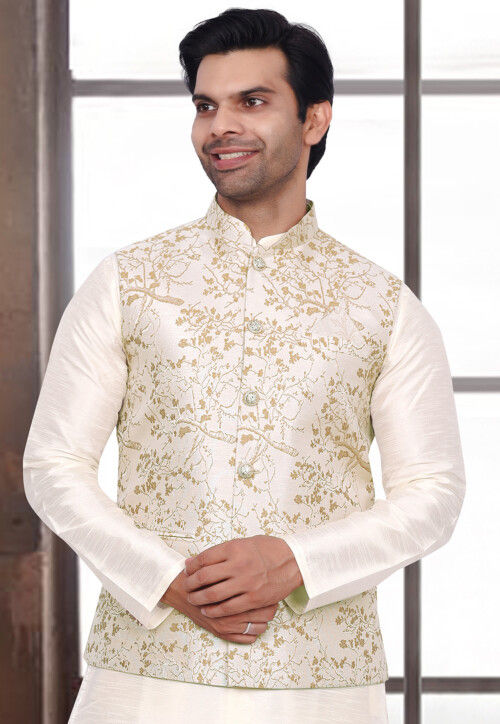 Woven Art Silk Jacquard Nehru Jacket in Cream