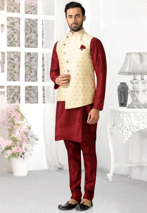 Woven Art Silk Jacquard Asymmetric Nehru Jacket in Cream