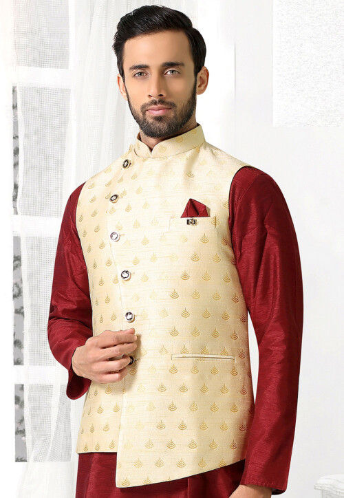 Woven Art Silk Jacquard Asymmetric Nehru Jacket in Cream