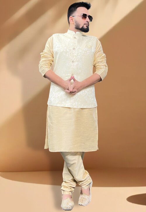 Chiffon Cream Matka Silk Nehru Jacket – TJORI