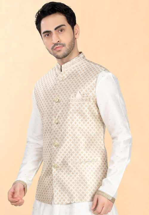 Woven Art Silk Jacquard Nehru Jacket in Cream