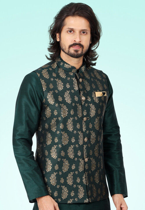 Woven Art Silk Jacquard Nehru Jacket in Dark Green