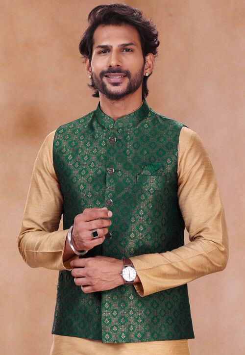 Woven Art Silk Jacquard Nehru Jacket in Teal Green