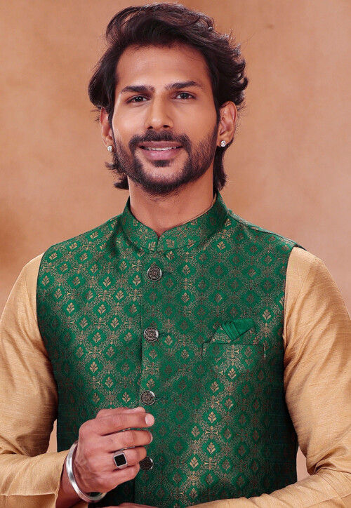 Woven Art Silk Jacquard Nehru Jacket in Teal Green