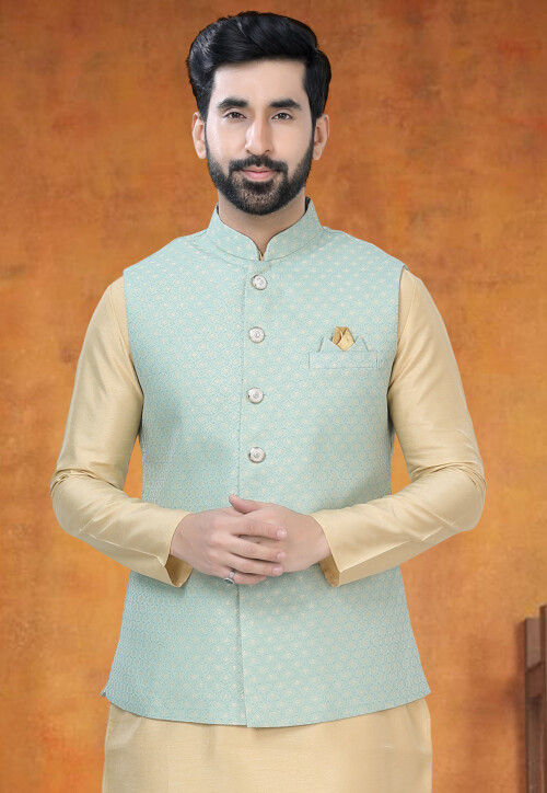 Woven Art Silk Jacquard Nehru Jacket in Green