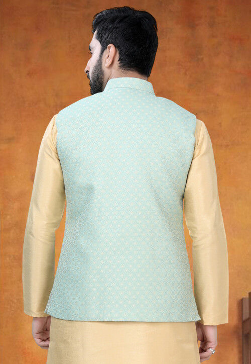 Woven Art Silk Jacquard Nehru Jacket in Green