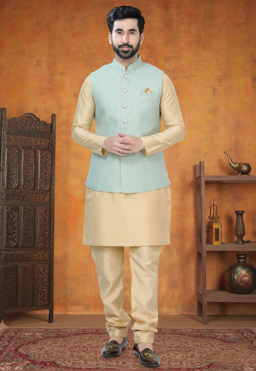Woven Art Silk Jacquard Nehru Jacket in Green