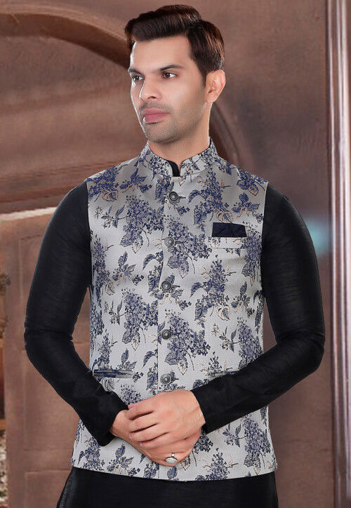 Woven Art Silk Jacquard Nehru Jacket in Grey