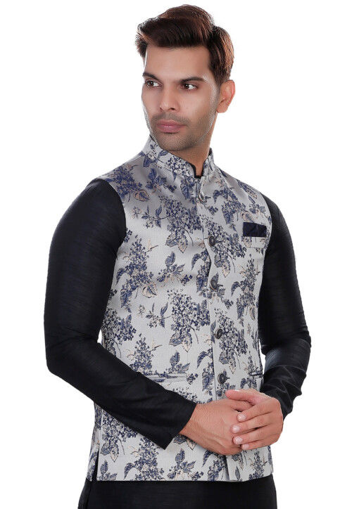 Woven Art Silk Jacquard Nehru Jacket in Grey