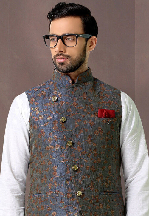 Woven Art Silk Jacquard Nehru Jacket in Grey