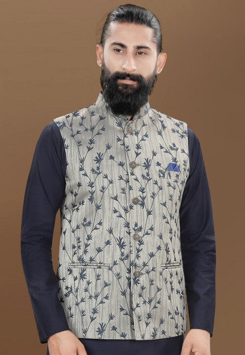 Woven Art Silk Jacquard Nehru Jacket in Grey