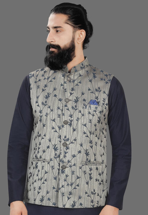 Woven Art Silk Jacquard Nehru Jacket in Grey