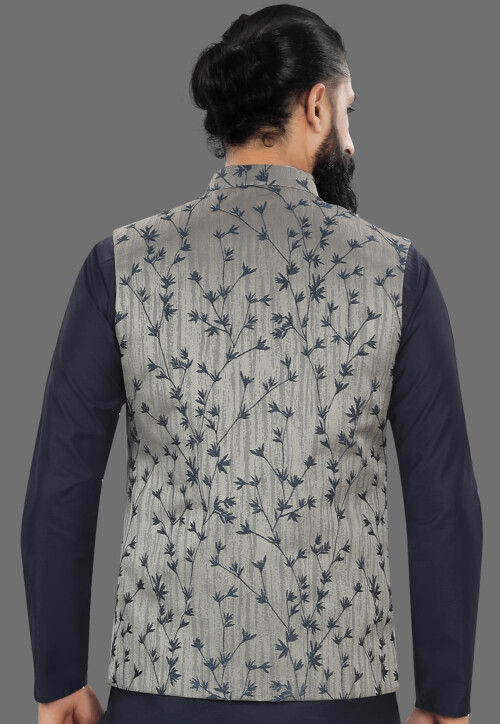 Woven Art Silk Jacquard Nehru Jacket in Grey