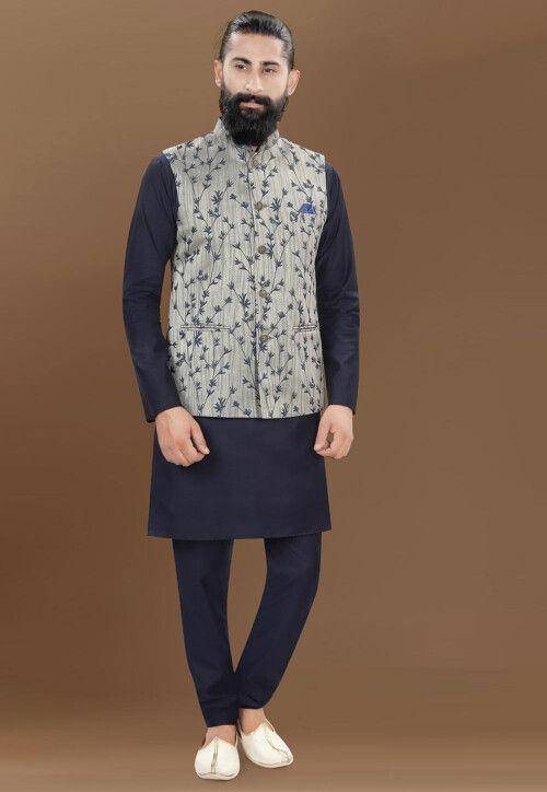 Woven Art Silk Jacquard Nehru Jacket in Grey