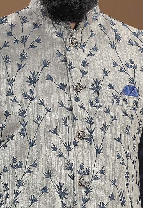 Woven Art Silk Jacquard Nehru Jacket in Grey