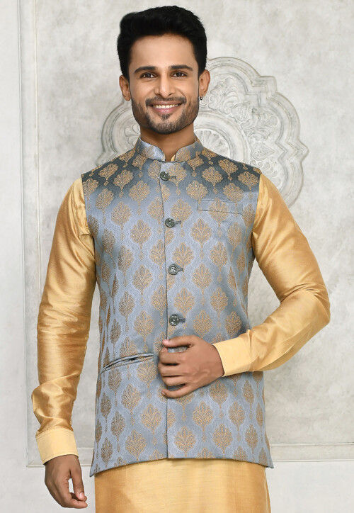Woven Art Silk Jacquard Nehru Jacket in Grey
