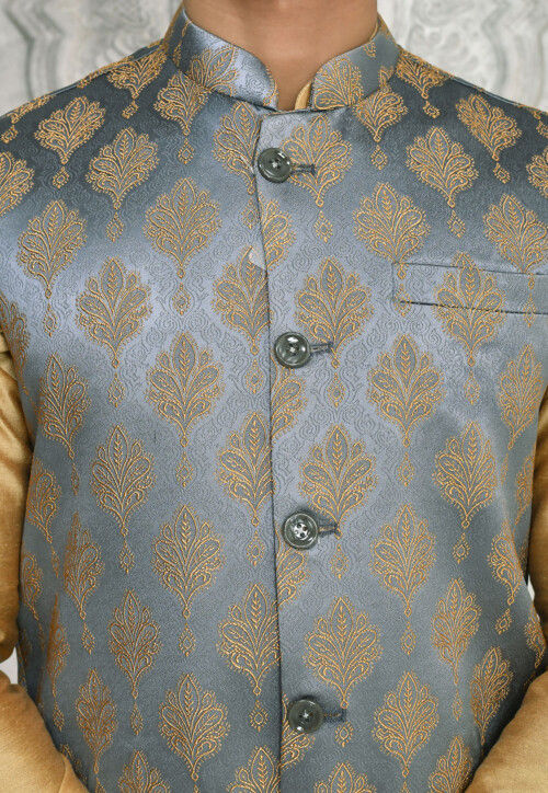 Woven Art Silk Jacquard Nehru Jacket in Grey