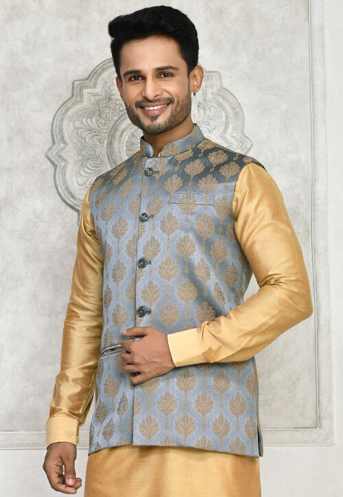 Woven Art Silk Jacquard Nehru Jacket in Grey
