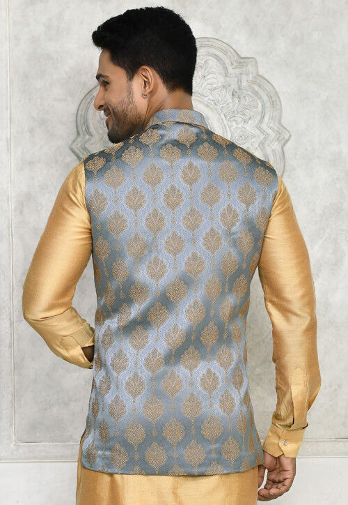 Woven Art Silk Jacquard Nehru Jacket in Grey