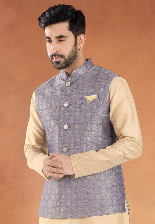 Woven Art Silk Jacquard Nehru Jacket in Grey