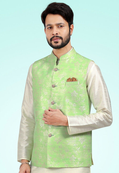 Como Green Textured Premium Wool Blend Wedding Nehru Jackets For Men.