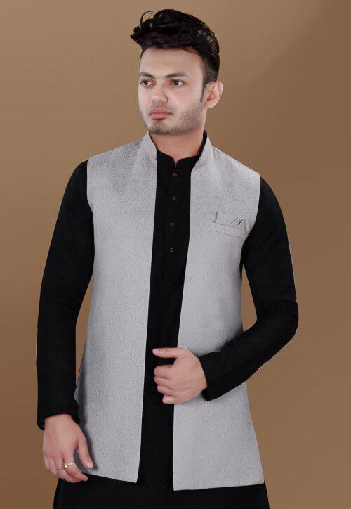Woven Art Silk Jacquard Nehru Jacket in Light Grey