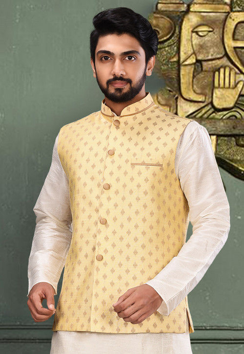 Buy Yellow Jaquard Banarasi Silk Mens Nehru Jacket (NMK-6912) Online