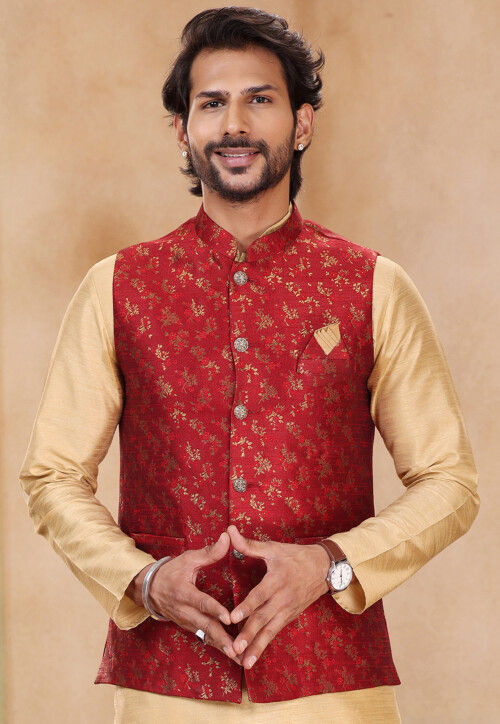 Men's Solid Kurta Pyjama With Floral Maroon Printed Nehru Jacket – Jompers