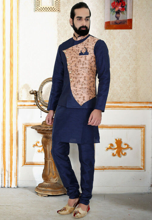 Woven Art Silk Jacquard Nehru Jacket in Navy Blue and Peach