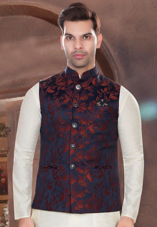 Woven Art Silk Jacquard Nehru Jacket in Navy Blue