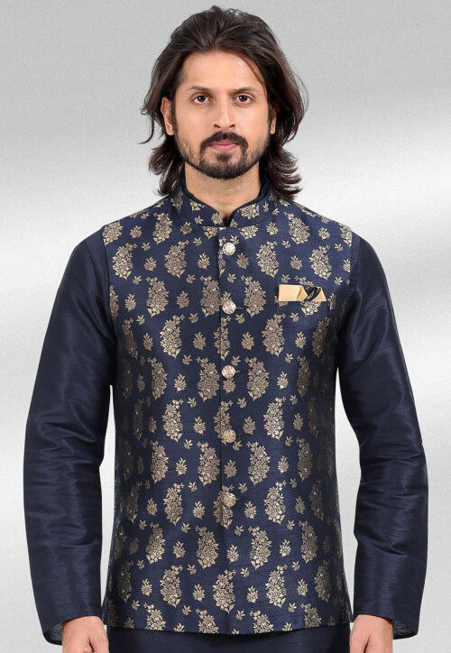 PRINTCULTR Men's Silk Traditional Kurta Pyjama Set With Nehru Jacket|  Regular Long Sleeve, Straight, Solid Kurta - PRINTCULTR - 4134366