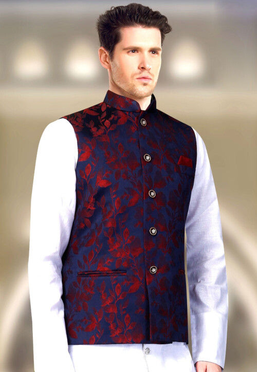 Woven Art Silk Jacquard Nehru Jacket in Navy Blue