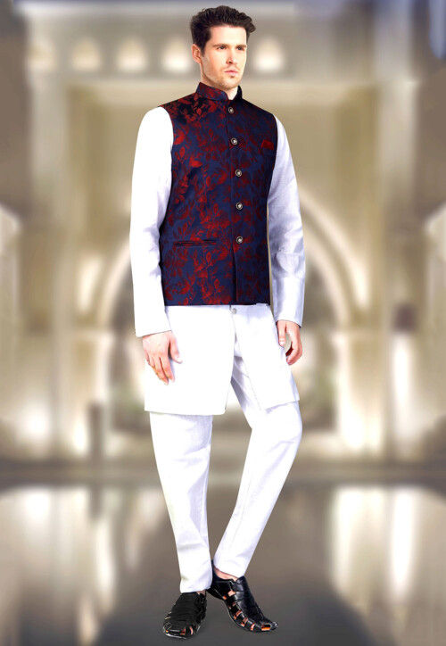 Woven Art Silk Jacquard Nehru Jacket in Navy Blue