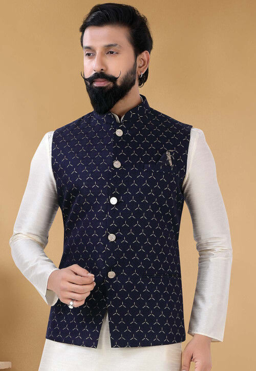Woven Art Silk Jacquard Nehru Jacket in Navy Blue