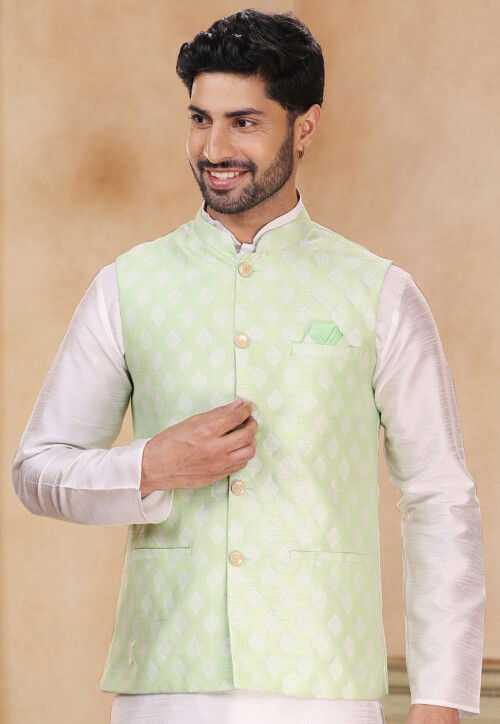 Woven Art Silk Jacquard Nehru Jacket in Pastel Green